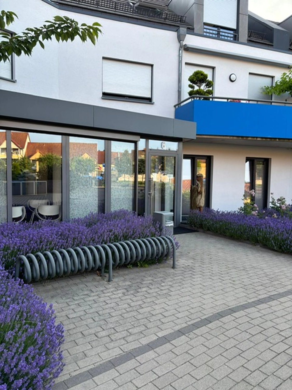 Frauenarztpraxis Dr. A. Dietrich - Gesundheitsdienste für Frauen - Ein Innenhof des Klinikgebäudes mit lila Lavendelbüschen, einem spiralförmigen Fahrradständer und einem gepflasterten Gehweg.