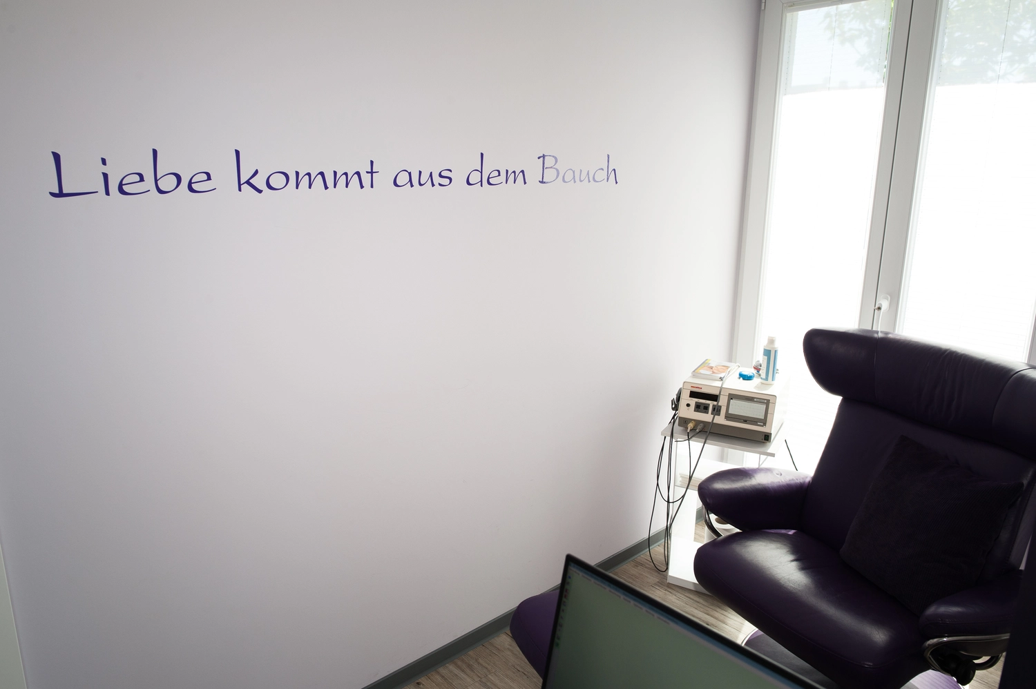 Frauenarztpraxis Dr. A. Dietrich - Gesundheitsdienste für Frauen - An einer weißen Wand prangt in blauer Schrift der deutsche Satz „Liebe kommt aus dem Bauch“, daneben stehen ein dunkler Ledersessel und ein Fenster.